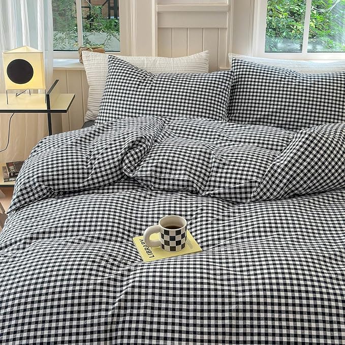 LifeTB Twin XL Comforter Set Black Gingham Comforter for Men Boys Geometric Plaid Comforter Set Grid Checkered Pattern Comforter with 2 Pillowcases Fluffy Soft Plaid Gingham Bedding Set Twin XL