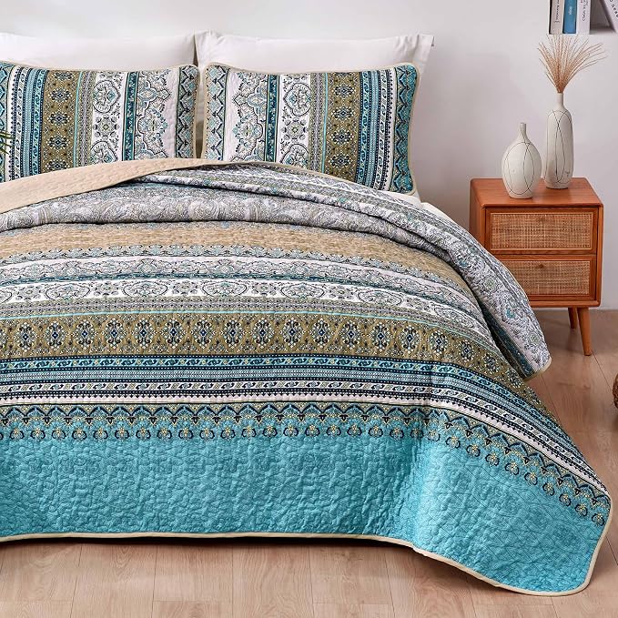 WONGS BEDDING Boho Quilt King Size,3 Pcs Bedspread Bedding Set, Blue Brown | Colorful Bohemian Striped Printed Bedding for All Season, Lightweight Microfiber Coverlet Set with 2 Pillowcases(104"x90")