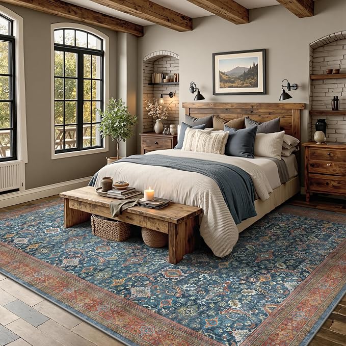 6x9 Area Rugs - Washable Vintage Retro Living Room Rug, Soft Ultra Thin Non Slip Low Pile Traditional Distressed Boho Carpet for Bedroom Dining Room Nursery Home Office, Navy Rust