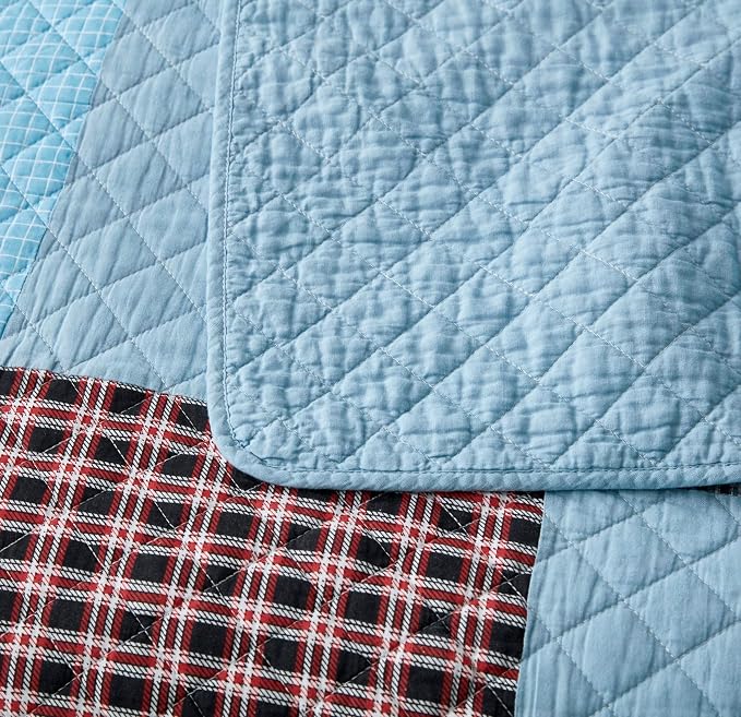 Chezmoi Collection Bram 3-Piece Patchwork Quilt Set King - Pre-Washed Cotton Solid Plaid Multi Striped Coverlet - Lightweight Reversible Bedspread Bedding Set King Size