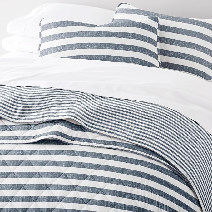 Merit Linens 3 Piece Quilt Set - Super Soft - Lightweight - All Season Quilted Coverlet - Timeless Patterns - Full/Queen Dusk Blue