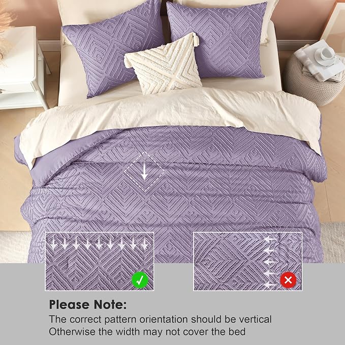 Litanika Queen Size Comforter Set, 3 Pieces Tufted Boho Bedding Set | Grayish Purple Farmhouse Shabby Chic Vintage Bohemian Textured Aesthetic Soft Fluffy Breathable All Season Bed Set