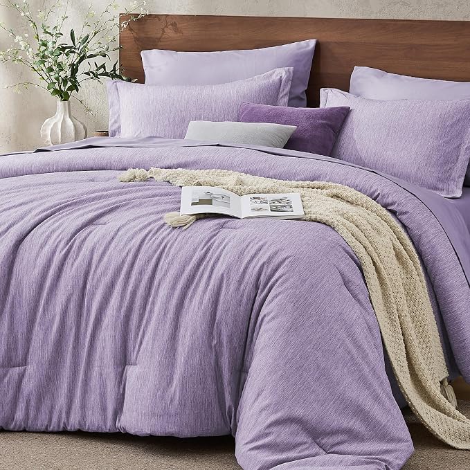 JOLLYVOGUE Purple Queen Comforter Set, Cationic Dyeing Bed in a Bag Queen 7 Pieces, Double-Tone Bedding Set with Down Alternative Comforter, Sheets, Pillowcases & Shams