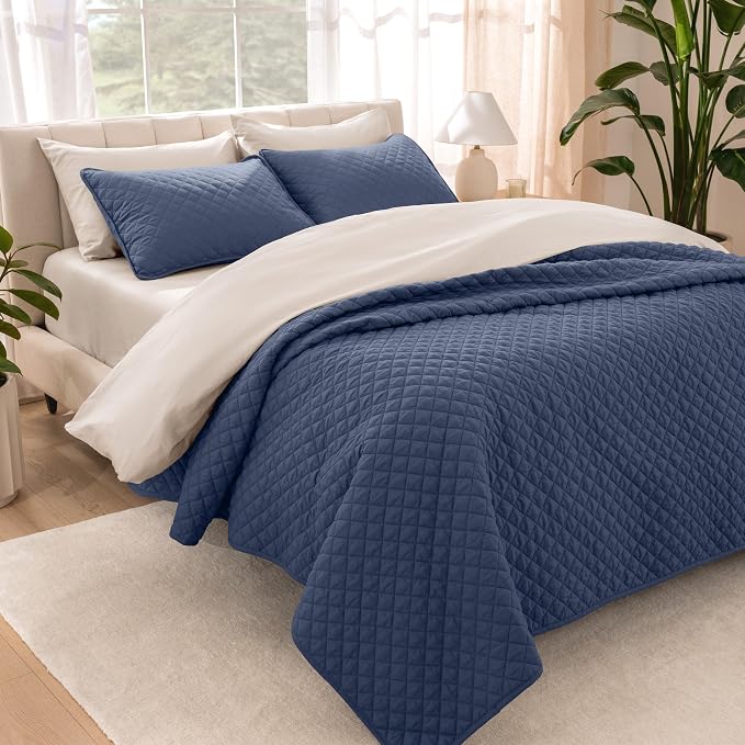 Bare Home Coverlet Set - King Size - Lightweight Bed Decor - Comforter Alternative - All-Season Quilted Bedspread (King, Dark Blue)