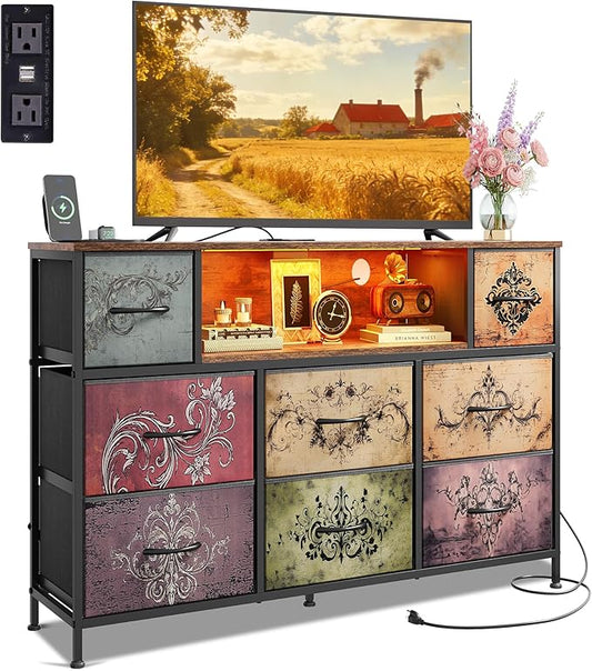 WLIVE LED Dresser TV Stand for 55 Inch TV, 8 Drawers, Pattern | Fits TVs up to 55 inch, 8 fabric drawers, LED chest of drawers, Built-in power outlet, Living room or bedroom