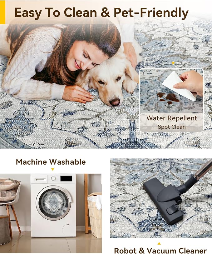 RELEANY Washable Area Rug, Round 10ft, Blue/White/Gray | Non-Slip, Water Repellent, Pet Friendly, Easy to Clean, Vintage Floral Boho Decor for Living Room Bedroom Dining Room