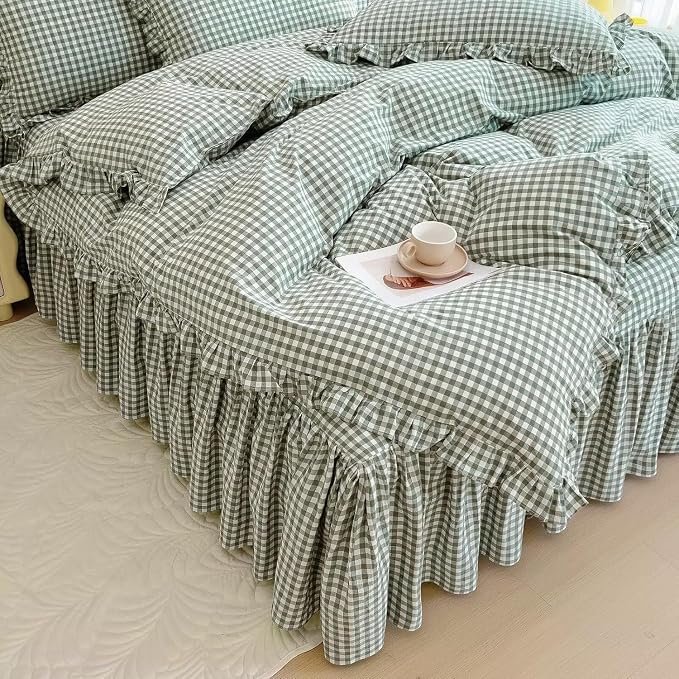 LifeTB Twin XL Comforter Set Green Gingham Comforter for Men Boys Ruffle Plaid Comforter Set Checkered Grid Bed Comforter with 2 Pillowcases Fluffy Soft Vintage Plaid Gingham Bedding Set Twin XL