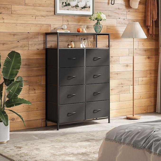 WLIVE 8 Drawer Black Fabric Dresser Open Shelves, Tall Storage Tower | Black fabric drawers plus open shelves, steel frame with wood top, great for bedroom closet entryway and dorm storage
