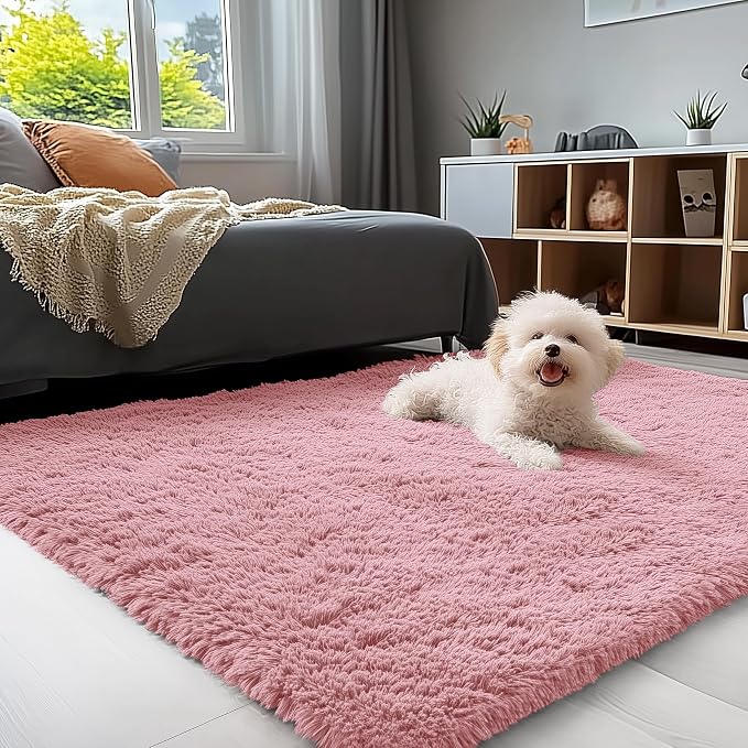 OLANLY 3x5 Machine Washable Small Bedside Rug, Soft Fluffy Shaggy Rugs for Living Room, Bedroom, Indoor Floor Carpet for Kids Girls and Boys, Preppy Dorms, Nursery, Home Decor Aesthetic, Pale Pink