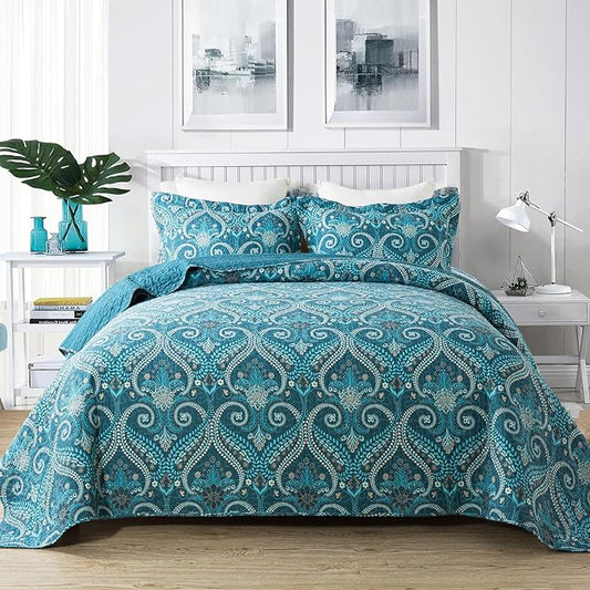 Cotton Bedspread Quilt Sets-Reversible Patchwork Coverlet Set, Turquoise Classic Royal Pattern, King Size