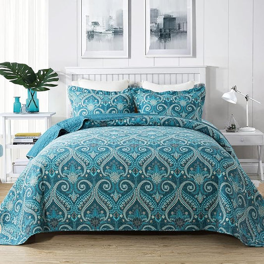 Cotton Bedspread Quilt Sets-Reversible Patchwork Coverlet Set, Turquoise Classic Royal Pattern, Queen Size