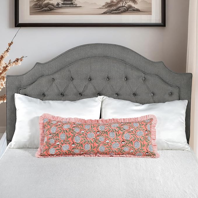 Ridhi Block Print Dark Salmon Pink Ruffle Lumbar Pillow Shams, 36" x 14" | 100% cotton, Floral Pillowcase, Cushion Cover, Hidden Zipper, Cottagecore Bedding, farmhouse boho style, fits couch, sofa,Bed