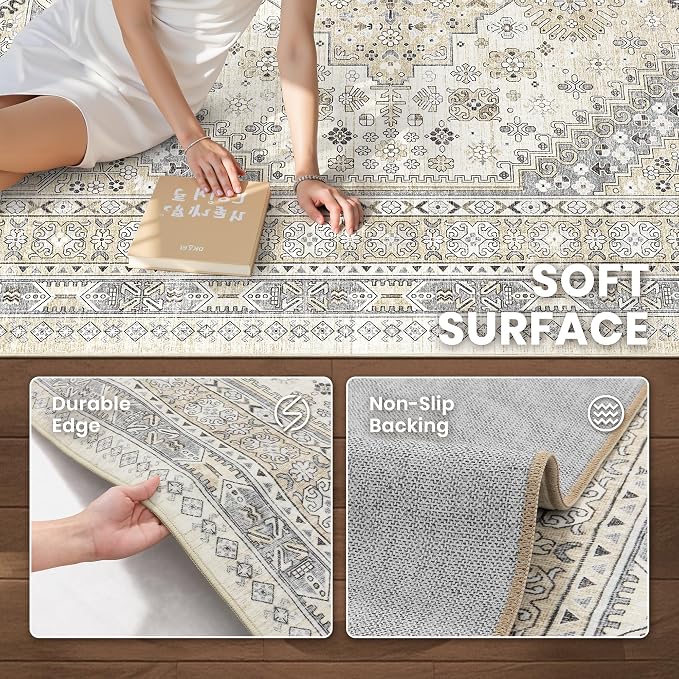 10x14 Area Rugs for Living Room,Large Washable Rug,Beige | Rugs for Bedroom,Dining Room,Office,Low Pile,Soft, Vintage Rug,Stain Resistant Indoor Carpet,Non Slip,Home Decor