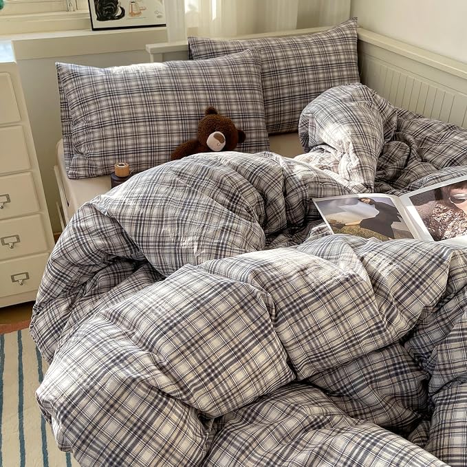 mixinni Full Duvet Cover Set - 3 Piece Vintage Buffalo Plaid Bedding, 100% Washed Cotton Duvet Cover with 2 Pillowcases, Soft & Breathable Navy Beige White Geometric Grid Pattern for All Seasons