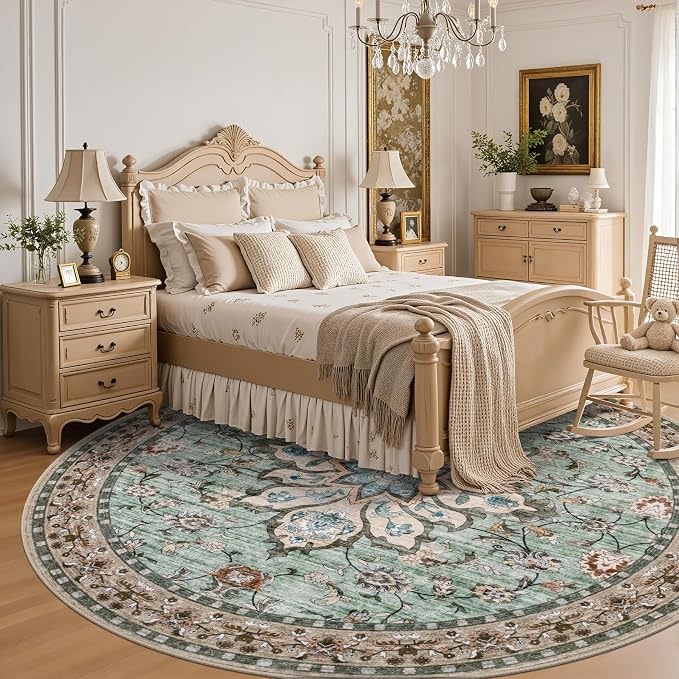 Round Area Rug for Living Room: 4ft Boho Washable Rug Brown Green | Vintage Boho Soft Round Rug Indoor Floor No Slip Carpet Stain Resistant Rugs for Bedroom Dining Room Nursery Home Office
