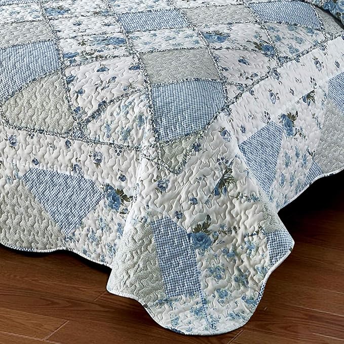 VIVILINEN Blue Floral Patchwork Quilt Set, Full Queen Size, 3 Piece Bedding Set with 2 Pillowcases | 3-Piece Rversible Quilted Bedspread Coverlet Set 87"x95" Lightweight Comforter Bedding Set Bed Cover with 2 Pillow Shams