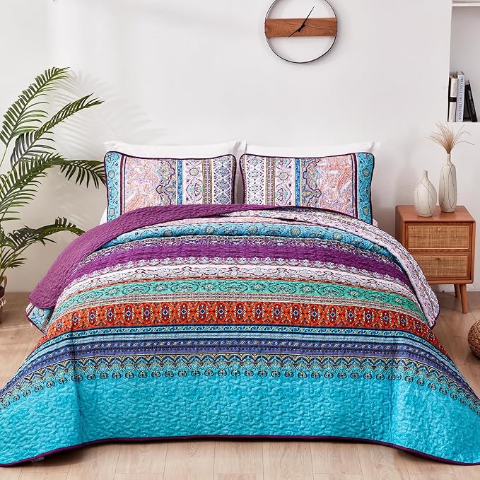WONGS BEDDING Purple Quilt Queen Size, Boho Stripe Bedding Set, 96"x90" | Lightweight Soft Bedspread Coverlet,Modern Style Bohemian Pattern Bed Cover for All Seasons,3 Piece(1 Quilt,2 Pillow Shams)