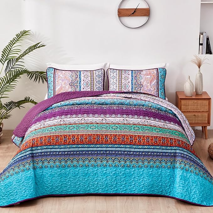 WONGS BEDDING Purple Quilt King Size, Boho Stripe Bedding Set, 104"x90" | Lightweight Soft Bedspread Coverlet,Modern Style Bohemian Pattern Bed Cover for All Seasons,3 Piece(1 Quilt,2 Pillow Shams)