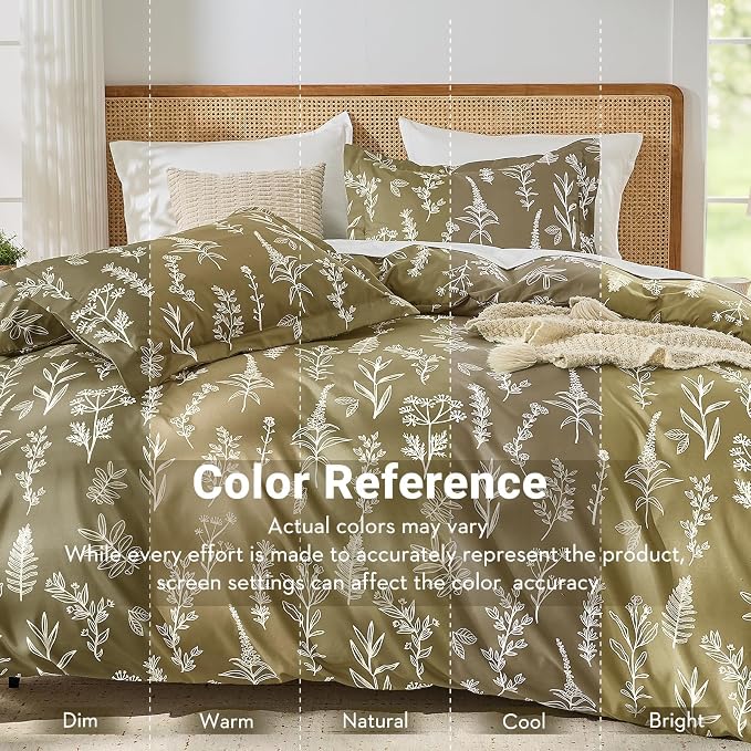 MUXHOMO Duvet Cover Full Size, Reversible Floral Olive Green Duvet Cover Set with Zipper Closure, 3 Pieces Botanical Patterns Soft Microfiber Bedding Set with 4 Ties (80"x90", 2 Pillow Cases)