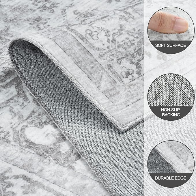 5x7 Washable Area Rugs for Bedroom Grey Non-Slip Rug | Vintage Medallion Rug，Soft Low Pile Large Rugs，Indoor Retro Carpet for Bedroom Nursery Dining Table Farmhouse Home Office
