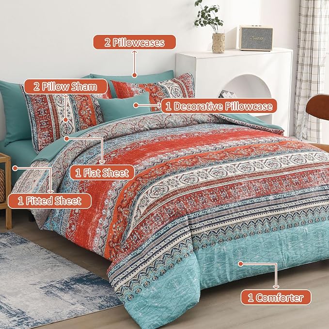 Cottolester Boho Full Comforter Set 8 Pieces, Terracotta Comforter Bohemian Striped Bed in A Bag,Soft Microfiber Bedding Set for All Seasons