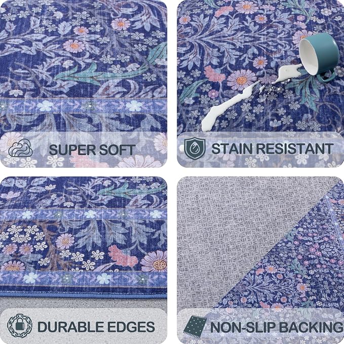 Washable 2'6" x 10' Runners for Hallways, Non Slip Long Floor Runner for Kitchen, Entryway Indoor, Stain Resistant Rubber Backing Floral Decor Rug (Blue)