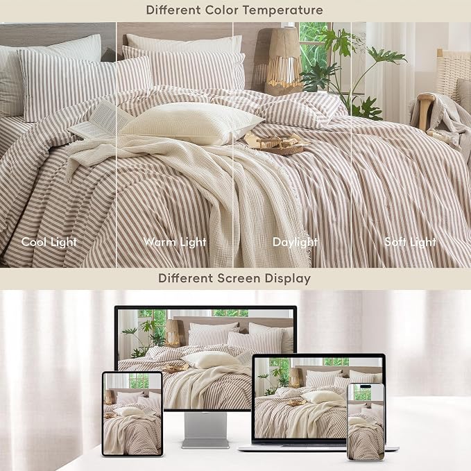 MooMee Striped Duvet Cover Set 100% Washed Cotton Linen Like Super Queen | Relaxed Linen-like Texture. Soft, Breathable & Long-lasting Comfort. Lightweight. Hidden Zipper with 8 Interior Corner Ties