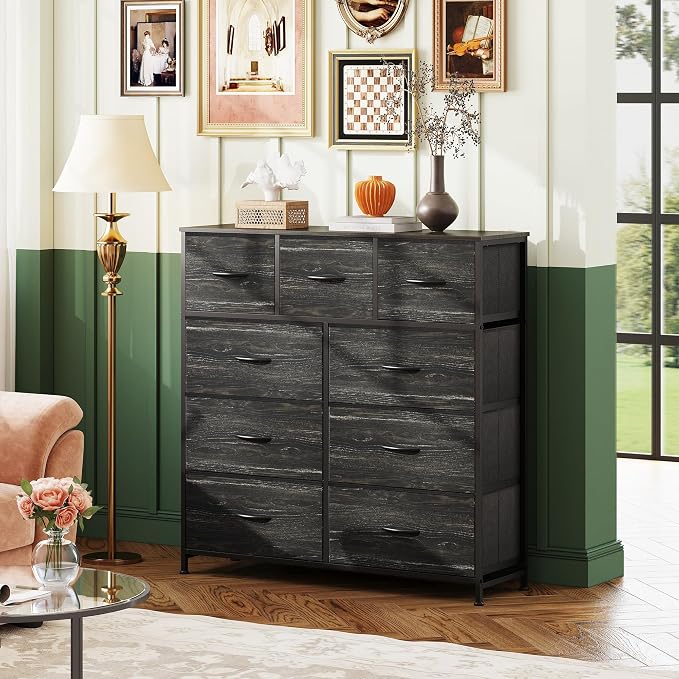 WLIVE Tall Dresser for Bedroom, 9 Drawer Chest of Drawers, Black Wood Grain | 9 roomy fabric drawers, Tall storage design, Bedroom or closet use, Sturdy steel frame, Smooth wood tabletop