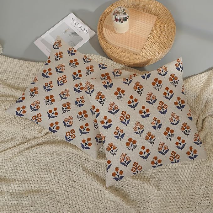 Fall Burnt Orange Blue Pillow Covers 16x16 Inch 2 Pcs Block Print Vintage Floral Decor Throw Pillows Boho Flower Summer Outdoor Seasonal Decoration Pillowcase Linen Cushion Cover for Couch Sofa