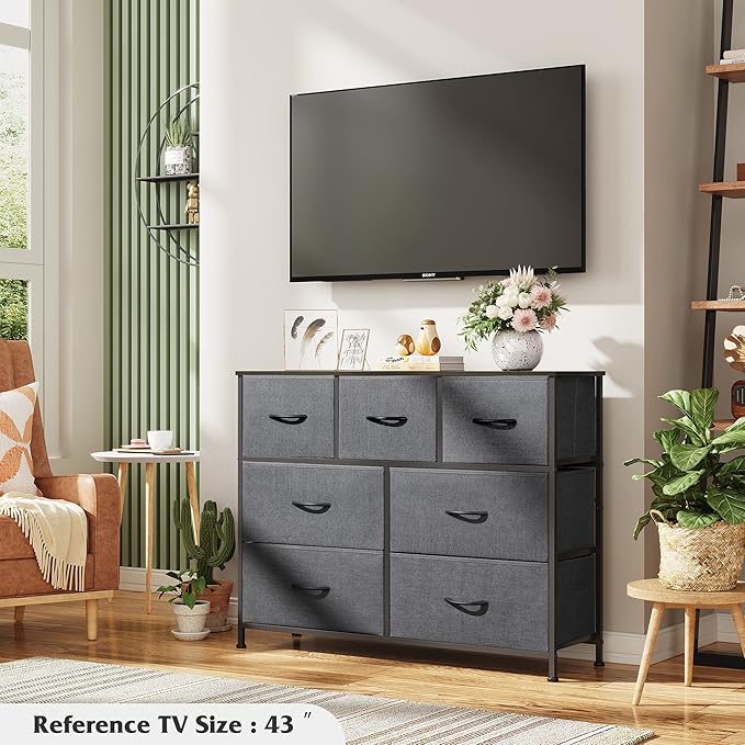 WLIVE Dresser for Bedroom, 7 Drawers, TV Stand, Dark Grey | 7 roomy fabric drawers, Fits TVs up to 45 inch, Bedroom or living room, Wide storage design, Chest of drawers
