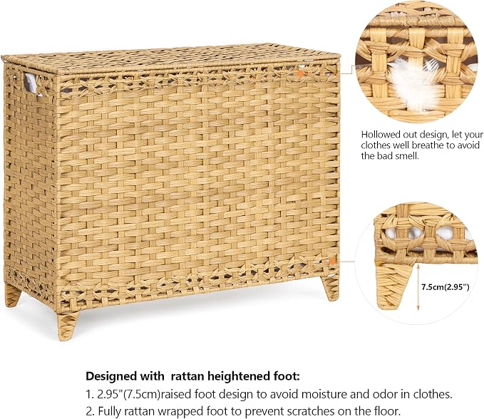 Laundry Hamper with 4 Removable Liner Bags, 176L Laundry Sorter with Lid | Raised Feet; Side Carry Handles; Handwoven PP Rattan; Rust-Resistant Iron Frame; Decorative Woven Design