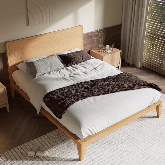 Merax Full Size Bamboo Platform Bed Frame with Tall Headboard, Natural | Mid-Century Modern Solid Bedframe Full-Size, Wood Slat Support, No Box Spring Needed, Easy Assembly, Noise Free