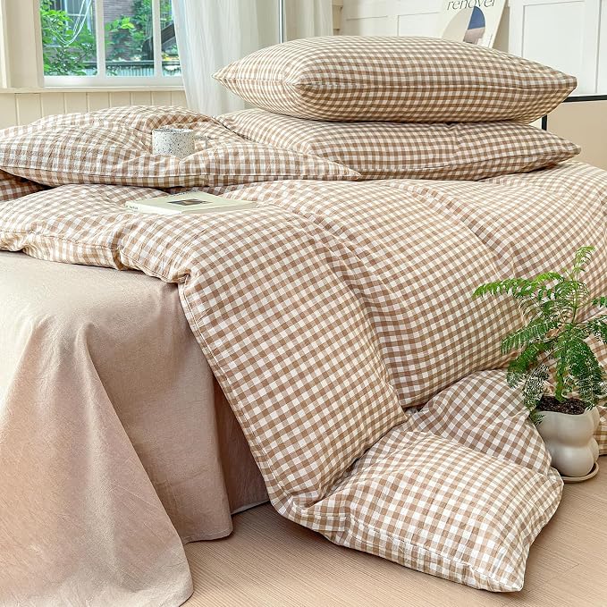 LifeTB Tan Gingham Comforter Set California King Modern Plaid Comforter Set | 3 Pieces Beige Grid Comforter with 2 Pillowcases Soft Fluffy Checkered Grid Pattern Gingham Bedding Set for All Seasons