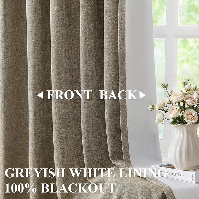 Vision Home Brown Pinch Pleated Full Blackout Curtains Linen Blended Room Darkening Window Curtains 108 inch for Living Room Bedroom Thermal Insulated Pinch Pleat Drapes with Hooks 40" Wx108 Lx2