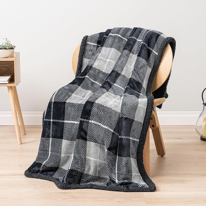 PAVILIA Twin Plaid Sherpa Throw Blanket for Couch Sofa Bed Dark Grey, 60x80 | GSM 460; Soft Plush Flannel Fleece; Warm&Cozy for Home; Machine Washable, Perfect Cabin Decor Winter Holiday Christmas Gift