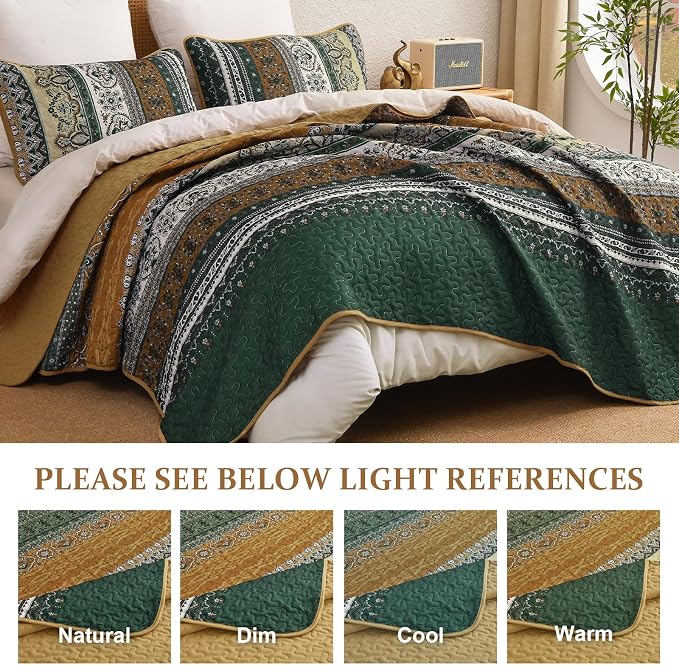 WONGS BEDDING Boho Quilt King Size,3 Pcs Bedspread Set, Brown Green | Colorful Bohemian Striped Printed Bedding for All Season, Lightweight Microfiber Coverlet Set with 2 Pillowcases(104"x90")