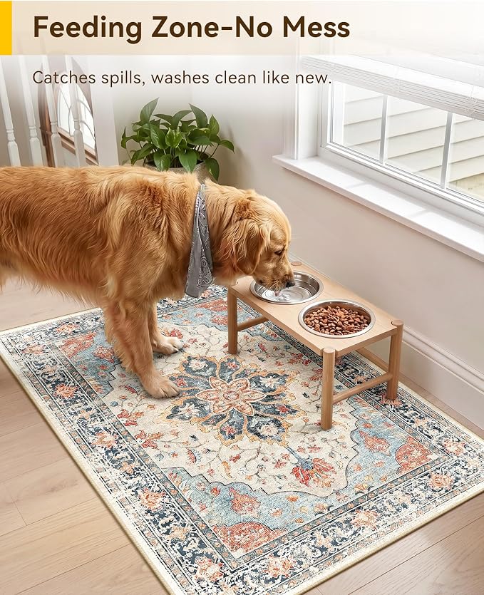 RELEANY Washable Area Rug, Small 2'x3', Beige/Blue/Orange | Non-Slip, Water Repellent, Pet Friendly, Easy to Clean, Vintage Floral Boho Decor for Kitchen Entryway Bathroom