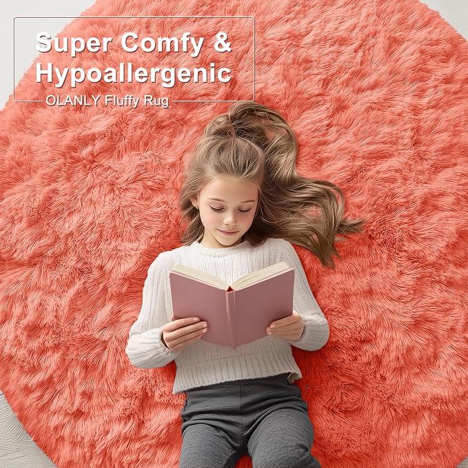 OLANLY Coral Red Round Rugs for Bedroom - Machine Washable, 4 ft Circle Area Rugs for Living Room, Soft and Fluffy Shaggy Carpet for Teen Girl and Boys, Nursery Rooms, Dorms, Home Decor Aesthetic