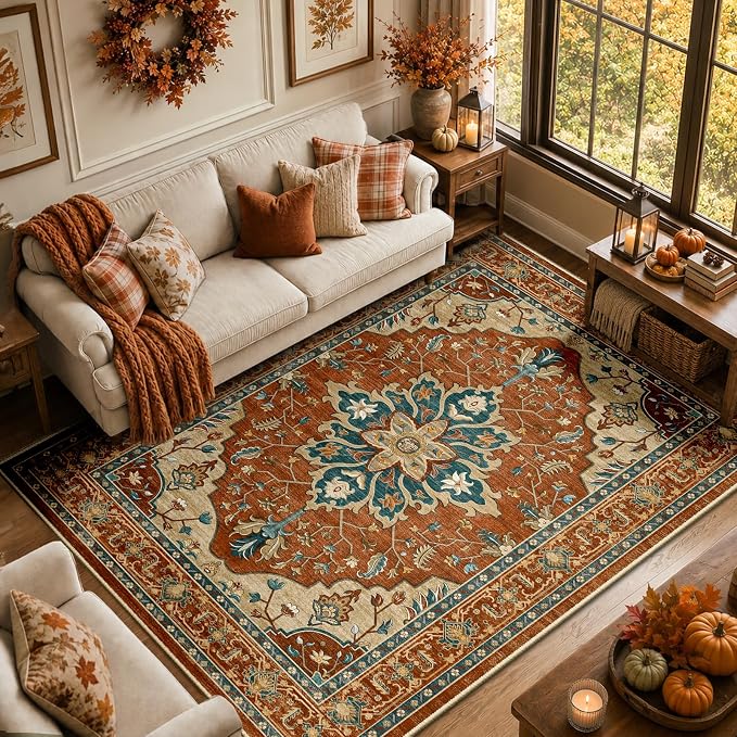 RELEANY Washable Area Rug, 5'x7', Red/Orange/Blue/Brown | Non-Slip, Water Repellent, Pet Friendly, Easy to Clean, Vintage Floral Boho Decor for Living Room Bedroom Dining Room Office