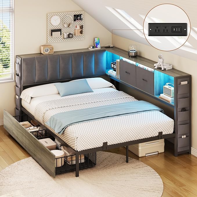 MapleGrace Full Corner Bed Frame with Upholstered Storage Headboard and Drawers, Metal Platform Bed Frame with LED Light and Charging Station, Full Daybed for Living Room, Bedroom & Guest Room, Gray