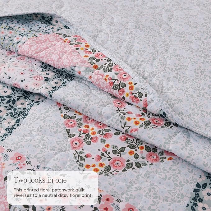 King Quilt Set-3 Pieces Soft Bedding Lightweight Floral Patchwork Coverlet | All Seasons Quilts Queen Size for Bed, 1 Quilt (106" x 94") and 2 Shams (20" x 36"), Vintage Bedspread, Pink