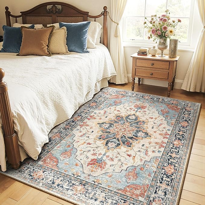 RELEANY Washable Area Rug, 4'x6', Beige/Blue/Orange | Non-Slip, Water Repellent, Pet Friendly, Easy to Clean, Vintage Floral Boho Decor for Living Room Bedroom Kitchen Office
