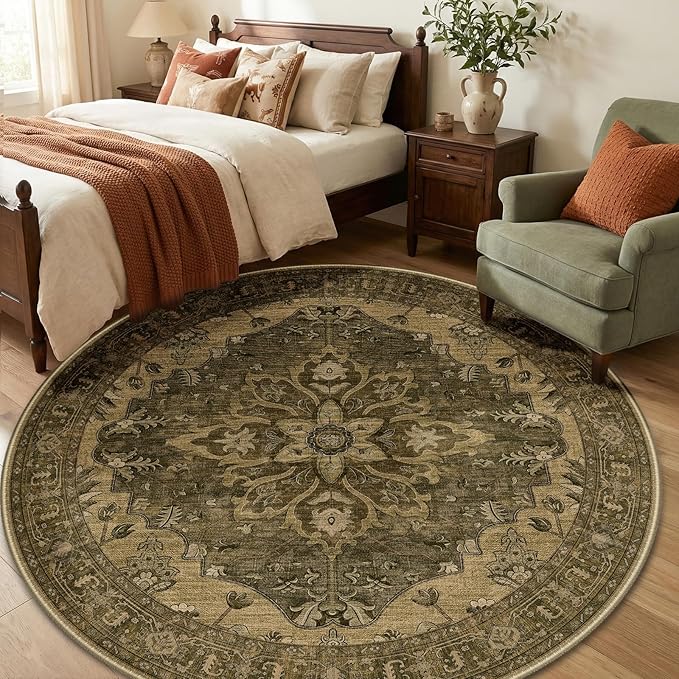 RELEANY Washable Area Rug, Round 6ft, Brown/Dark Brown | Non-Slip, Water Repellent, Pet Friendly, Easy to Clean, Vintage Floral Boho Decor for Living Room Bedroom Dining Room
