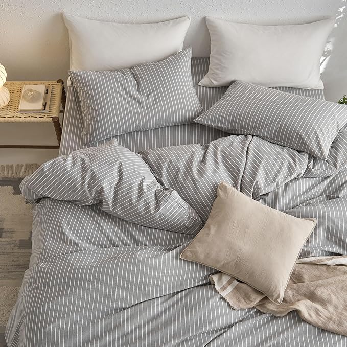 MooMee Striped Duvet Cover Set 100% Washed Cotton Linen Like | Relaxed Linen-like Texture. Soft, Breathable & Long-lasting Comfort. Lightweight. Hidden Zipper with 8 Interior Corner Ties