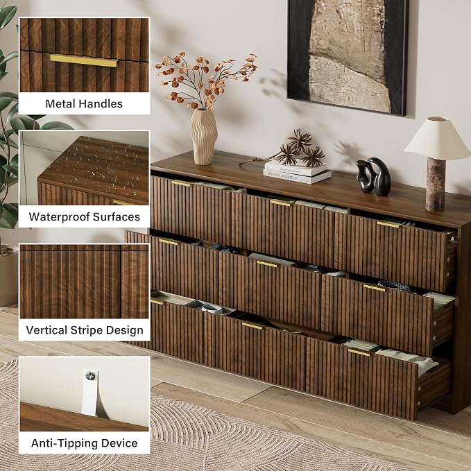 Furniway Walnut Dresser for Bedroom, Modern Dresser with 9 Drawers and Smooth Slides, Wide Chest of Drawers with Golden Handles for Bedroom, Living Room, Closet, 15.7" D x 63" W x 31.5" H