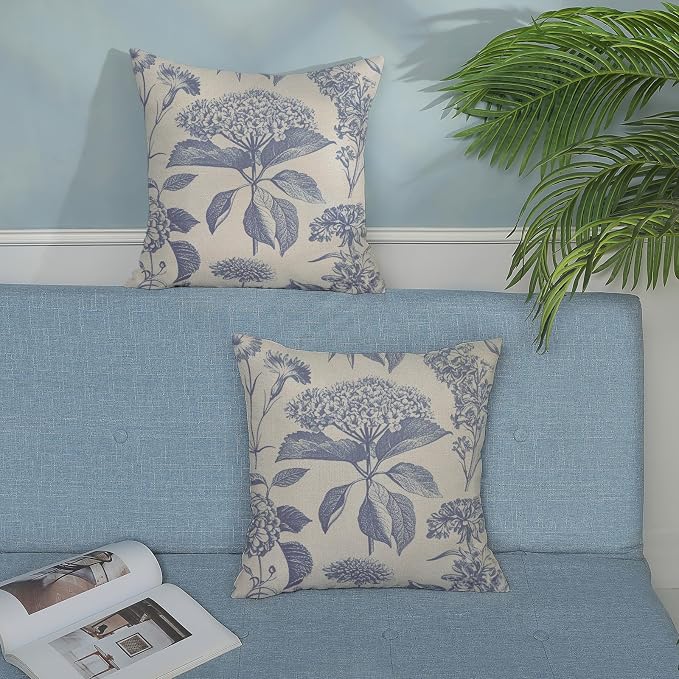 Vintage Blue Pillow Covers 24x24 Inch 2 Pcs Boho Floral Decor Throw Pillows Hydrangea Flower Seasonal Outdoor Farmhouse Neutral Accent Decoration Pillowcase Linen Cushion Cover for Couch