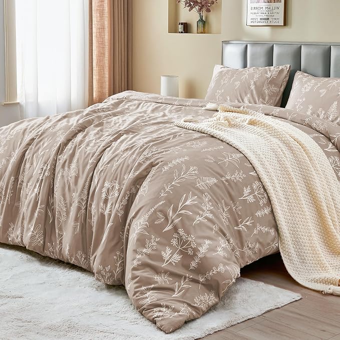 MUXHOMO Duvet Cover Full Size, Reversible Floral Taupe Duvet Cover Set with Zipper Closure, 3 Pieces Botanical Patterns Soft Microfiber Bedding Set with 4 Ties (80"x90", 2 Pillow Cases)
