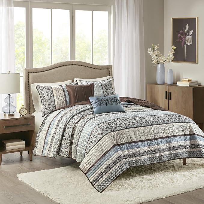 Madison Park Quilt Set Luxurious Jacquard Stripes Design - All Season, Coverlet Bedspread Lightweight Bedding Layer, Shams, Decorative Pillow, Full/Queen(90"x90"), Floral Blue 5 Piece | All Season, Luxurious Coverlet Bedspread Lightweight Bedding Layer...
