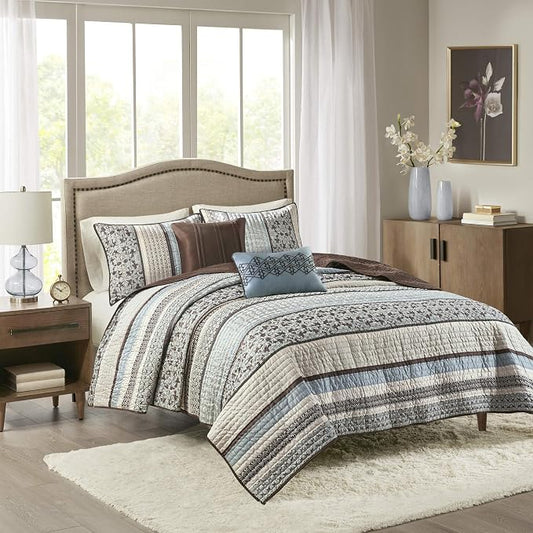 Madison Park Quilt Set Luxurious Jacquard Stripes Design - All Season, Coverlet Bedspread Lightweight Bedding Layer, Shams, Decorative Pillow, King/Cal King(104"x94"), Floral Blue 5 Piece | All Season, Luxurious Coverlet Bedspread Lightweight Bedding L...