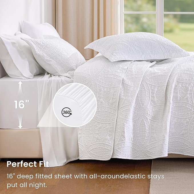 Love's cabin King Quilt Set White, Bed in a Bag King Size Bedding 7 Pieces, Ultrasonic Embossed Coin Pattern Comforter, Lightweight Bedspreads for All Seasons Quilt with Sheets, Pillowcases & Shams